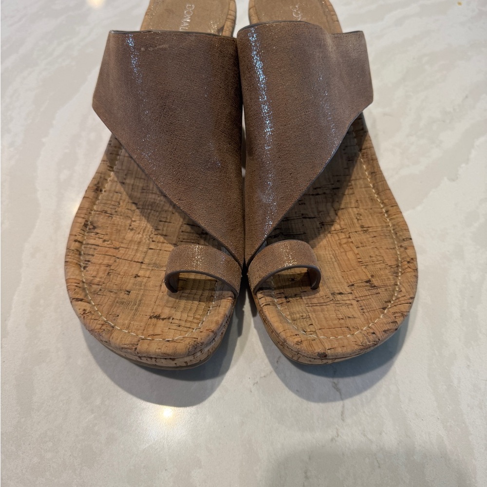 Donald J. Pliner Brown Cork Toe-Ring Sandals with Shimmery Upper